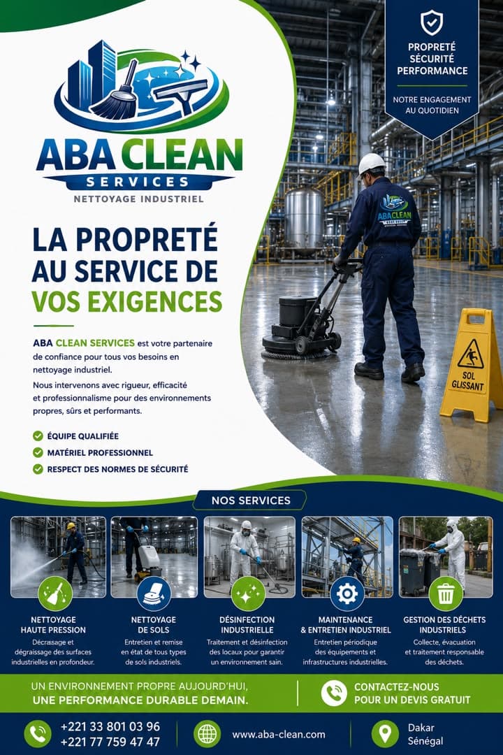 Affiche ABA CLEAN SERVICES, nettoyage industriel : agent en tenue ABA CLEAN avec monobrosse, services et engagements